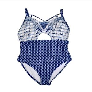 Jessica Simpson Batik Cut Out One Piece Swimsuit Strappy Blue Tie Dye Beach Sexy